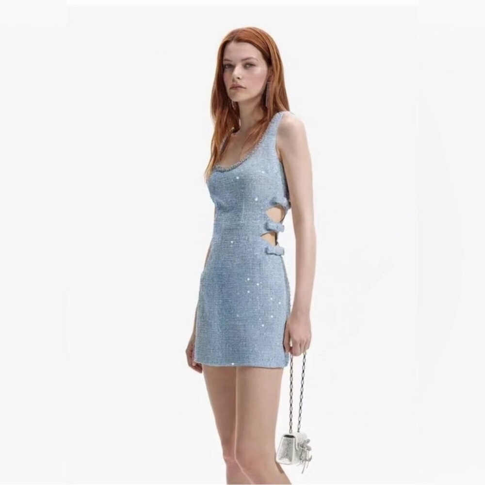 NEW Self-Portrait Boucle Cut Out Mini Dress Tweed Embellished Blue | UK 8 / US 4